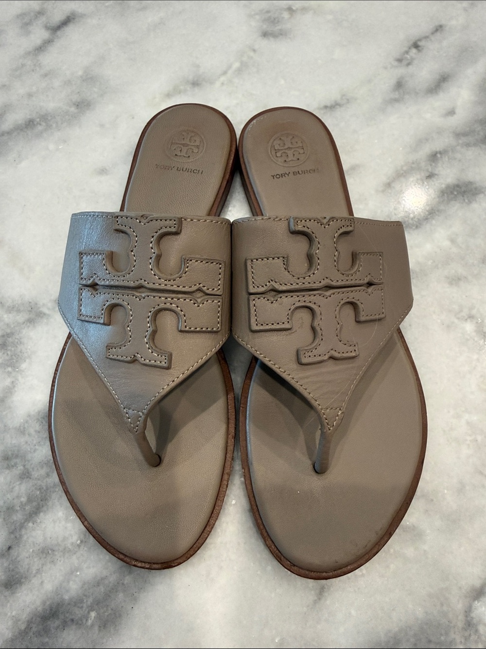 Tory Burch Neutral Taupe Leather Logo Thong Sandals